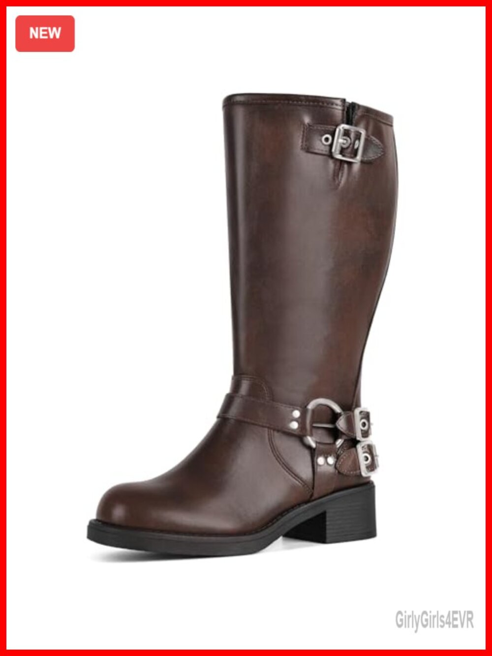 Wide Calf Knee High Moto Boots Buckle Chunky Block Heel Square Toe